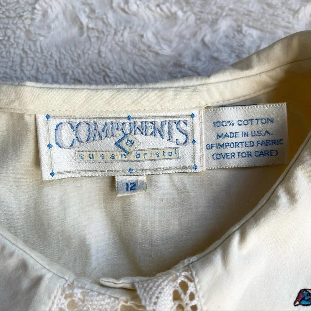 Vintage exaggerated collar embroidered bird lace trimmed button-up blouse cream - Picture 4 of 17